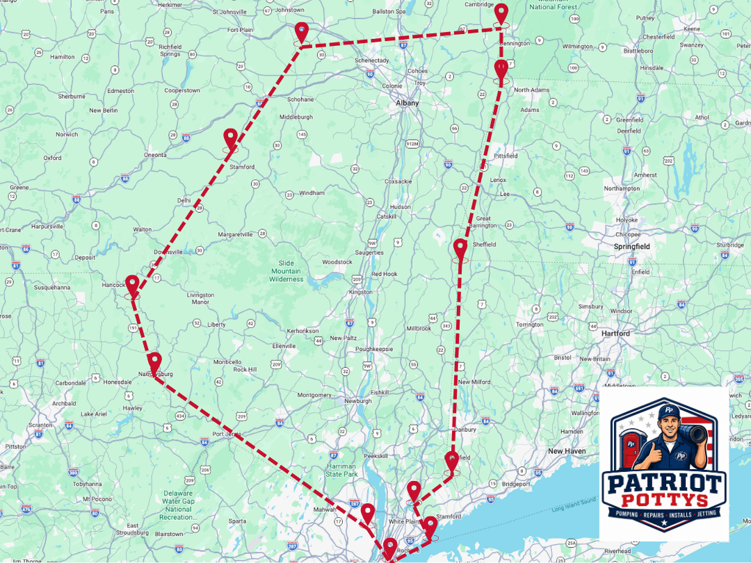 Map of the Patriot Pottys service area, spanning the Capital Region and Catskills south through the Hudson Valley to northern Westchester and Putnam County